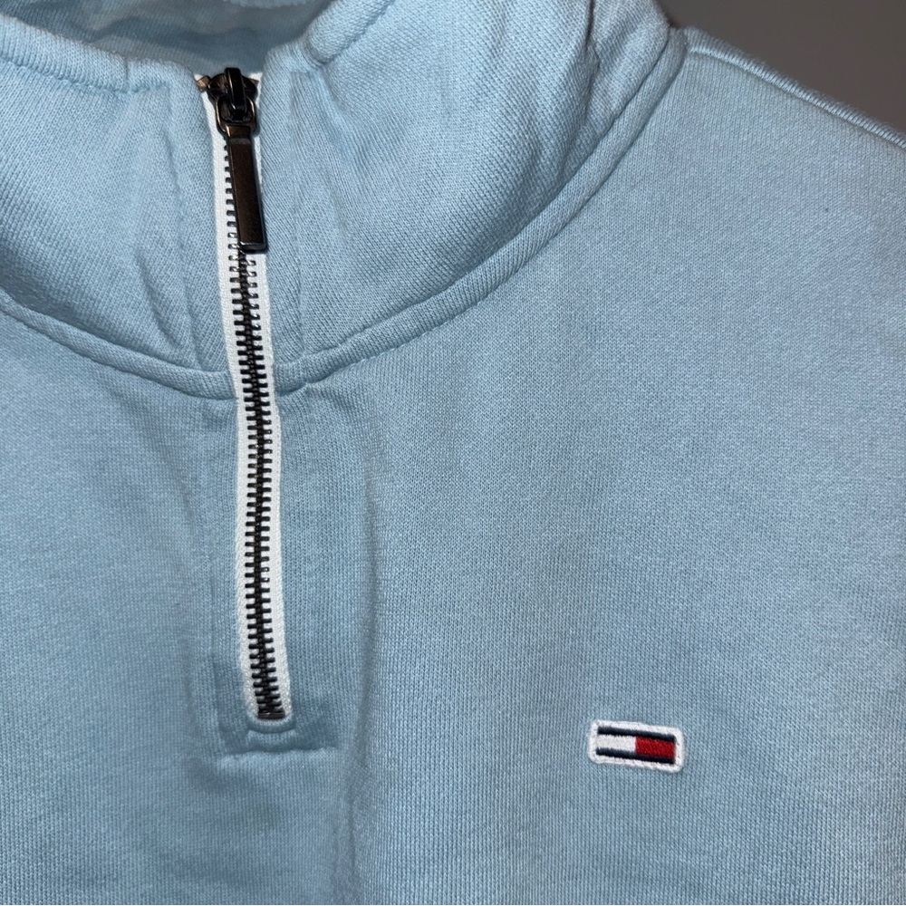 Light Powder Blue Tommy Jeans Hilfiger Collar Logo Quarter Zip Pullover Sweater